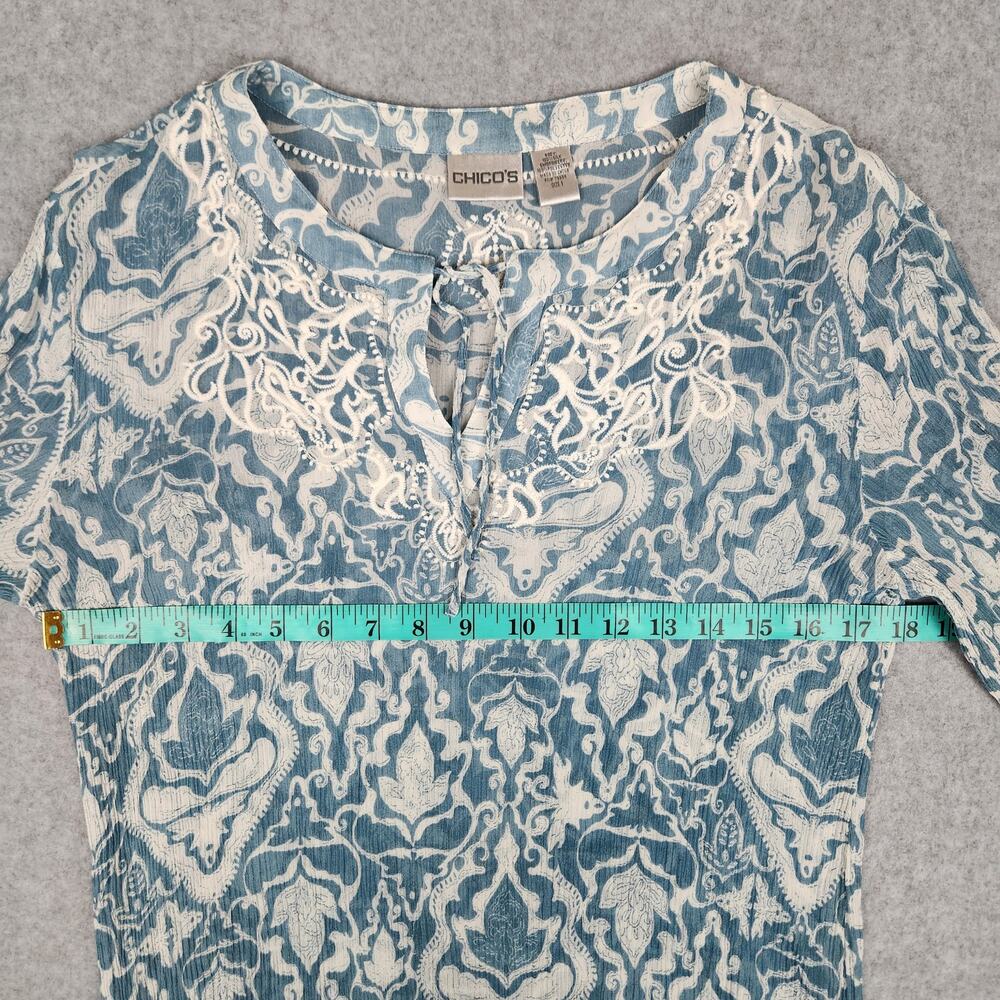 🌼Chico's Blouse Womens Size 1 US M/8 Blue White Silk Embroidery Trim Sheer - Picture 9 of 11